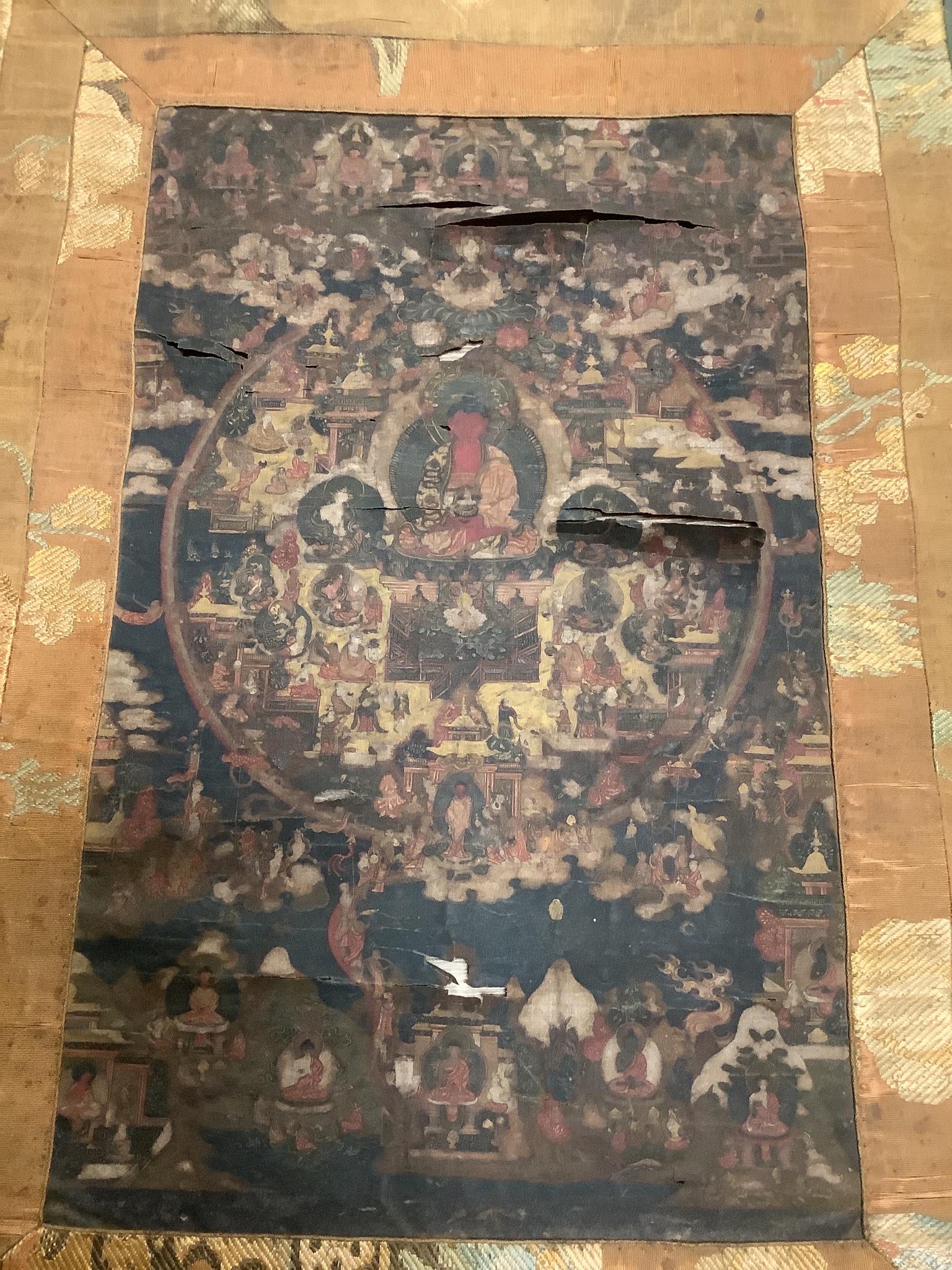 Three early Tibetan thangkas, probably 18th/19th century, each with damages and one in relic condition